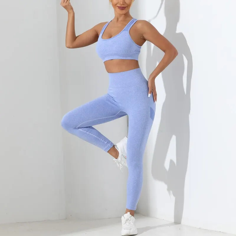 Yoga Basic 2pcs Seamless High Stretch Yoga Set Tracksuit Gym Set Crisscross Back Cami Hip-hugging Tummy Control Leggings - Hiron Store