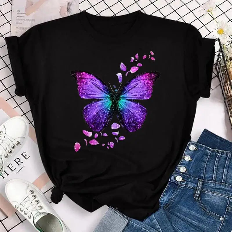 Fashion Women Men T Shirt Colorful Butterfly Petal Graphic Print T Shirt Casual Crew Neck Short Sleeve Plus Size T Shirt Unisex - Hiron Store