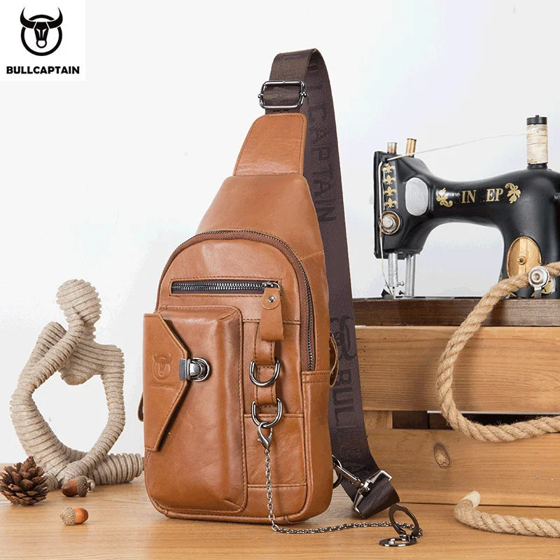 Genuine Leather Men's Chest Bag Shoulder Messenger Bags Chest Fashion Brand Multifunctional Mobile Phone Bag's