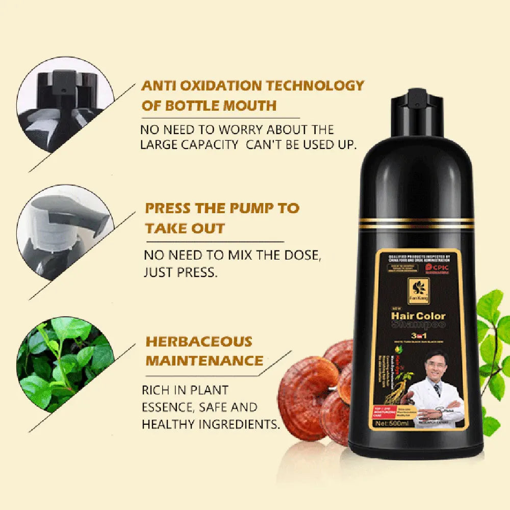 3 In 1 Instant Colouring Shampoo Natural Black Colour for Men Women 500ml Hair Dye Shampoo