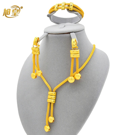 XUHUANG Indian 24k Gold Color Long Chain Jewelry Sets Dubai Necklace Earrings Ring Sets