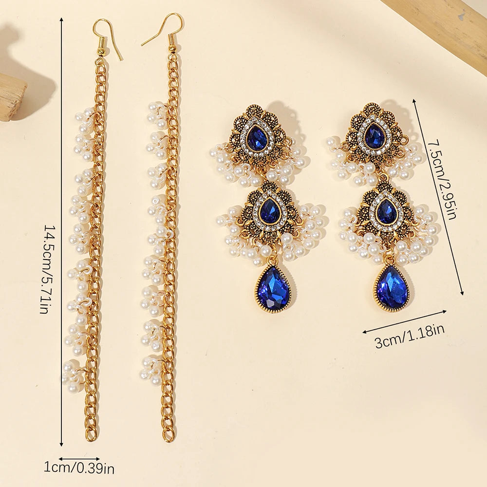 Boho Water Drop Long Earrings Headdress for Women Luxury Crystal Pearl Tassel Wedding Jewellery