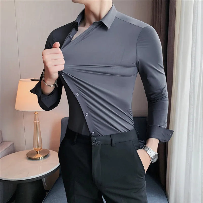 Men's Ultra Stretch  Long Sleeve Shirt, Top Quality Business Casual, Breathable   Solid Color Formal Dress Shirt