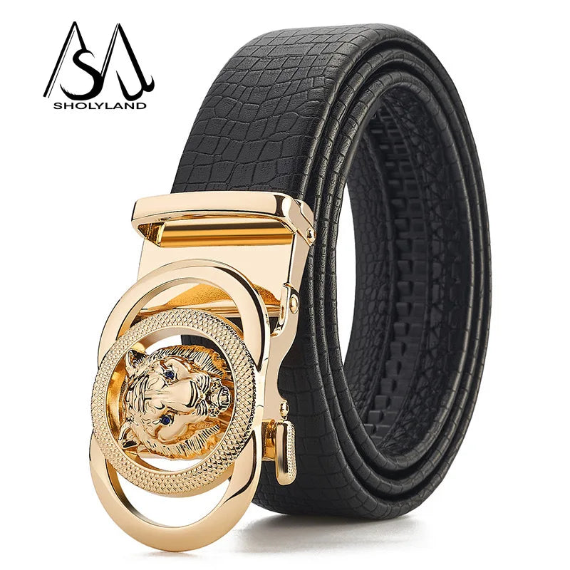 Men's Business Lion Head Automatic Buckle Leather Belt Top Layer Cowhide Alloy Buckle