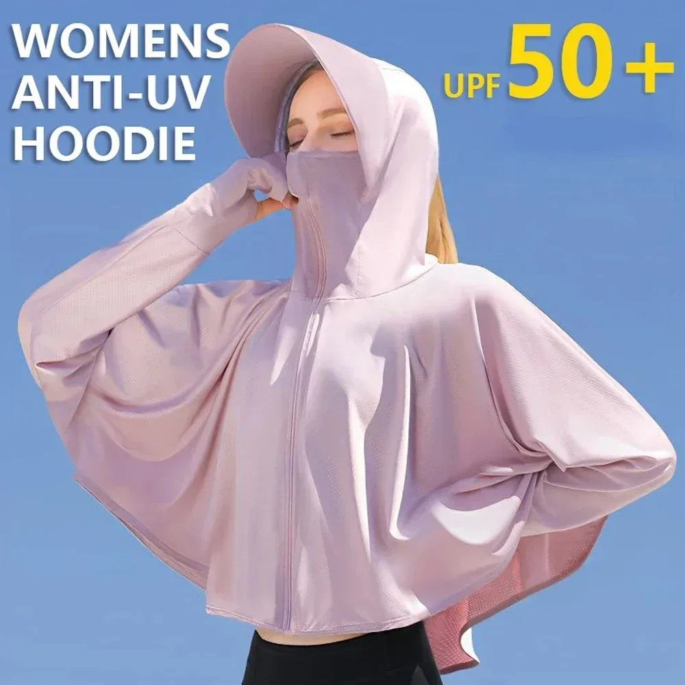 UPF 50+ Women Sunscreen Hoodie Solid Color Thin Ice Silk Long-sleeved Jacket