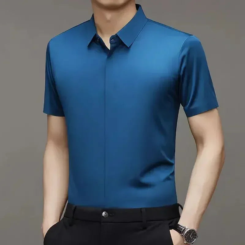 High end Mulberry Silk Dress Shirts, Business  Men Wrinkle Resistant, Button Invisible Elastic Tops, Luxurious Male  Clothing