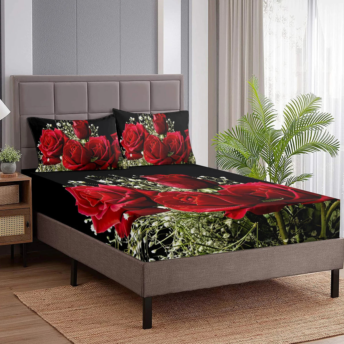 Babysbreath and Roses in Black Ground Sheet Set Green and Red Floral Sheets 3 Pieces Comfortable Fitted Sheet with 2 Pillowcases