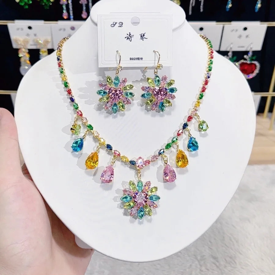 Women Colorful Fashion Zircon Necklace Earrings 2025