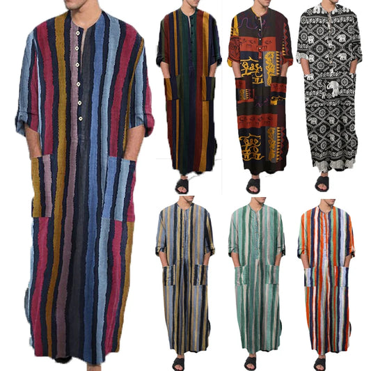 Men's Muslim Long Sleeve Cotton Striped Robes Summer Islamic Arabian Kaftan Suit Middle East Dubai Abaya Retro