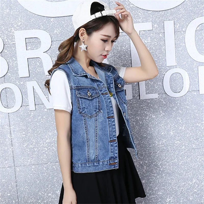 Women Clothes 2024 Sleeveless Jean Waistcoat Short Jacket Female Outerwear