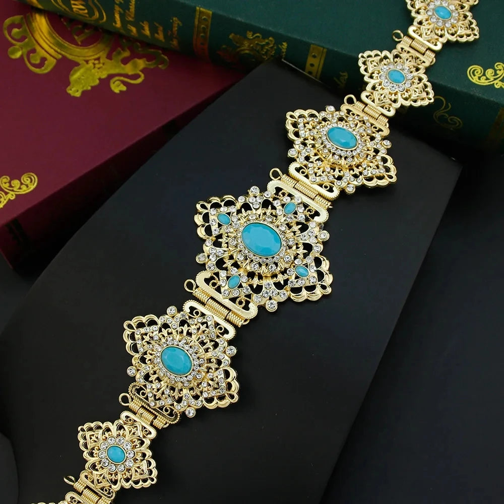 Sunspicems Chic Arabic Bride Jewelry Sets For Women Gold Color Crystal Morocco Belt Necklace Caftan Brooch Earring Muslim Sets - Hiron Store