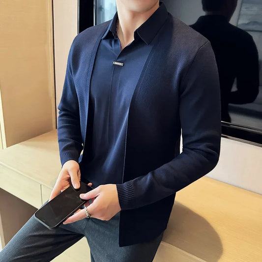 Autumn New Fake 2 Pieces Knitted Cardigan, Shirt Collar Spliced Casual Pullovers,  Slim Sweater Coats 4XL-M