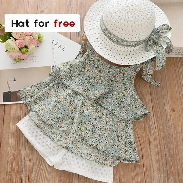 Summer Kids Clothes Floral Chiffon Halter+Embroidered Shorts Straw Children Clothing