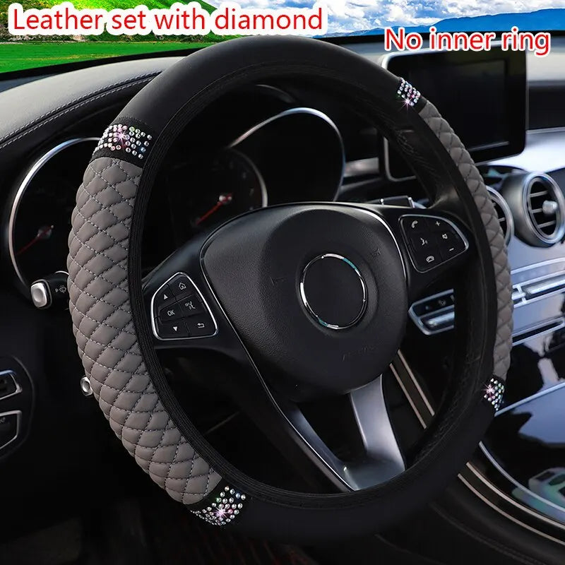 Car Steering Wheel Cover Without Inner Ring 37-38cm Three-dimensional Leather Embroidered Color Diamond-encrusted Breathable - Hiron Store