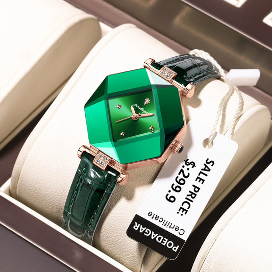 High Quality Luxury Women's Watch Diamond Quartz Waterproof Ladies Green Leather Watches