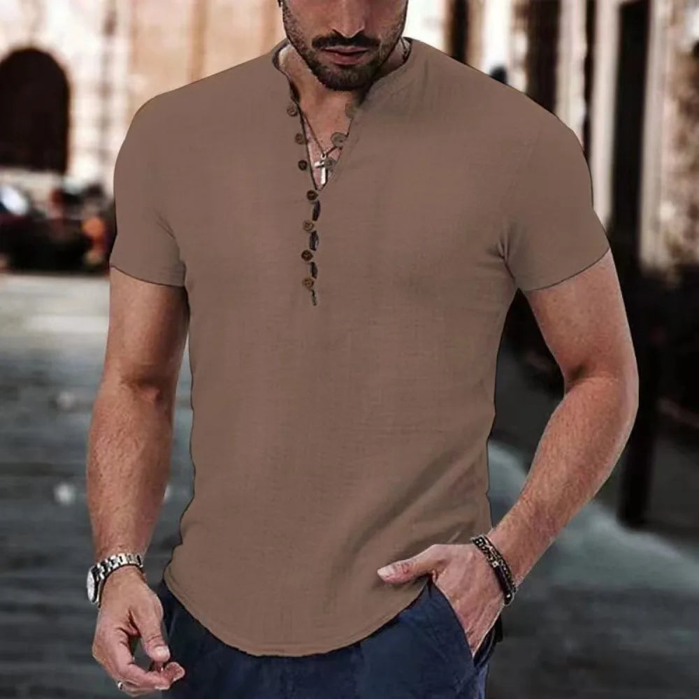 New Men's Short Sleeve Tshirt V neck button Cotton Linen Shirt Men's Casual Clothes Popular Tops for Men - Hiron Store