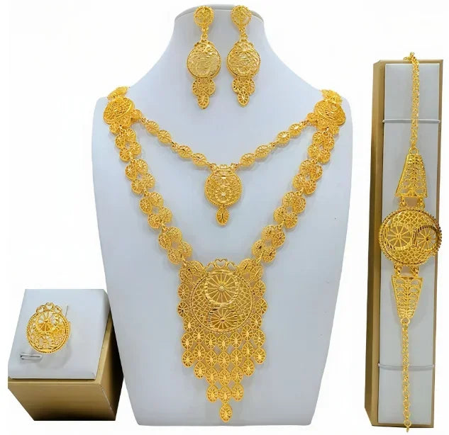 Fashion India Latest Design Jewelry Luxury African Jewelry Necklace Earrings Ring Bracelet Set Dubai Gold Color