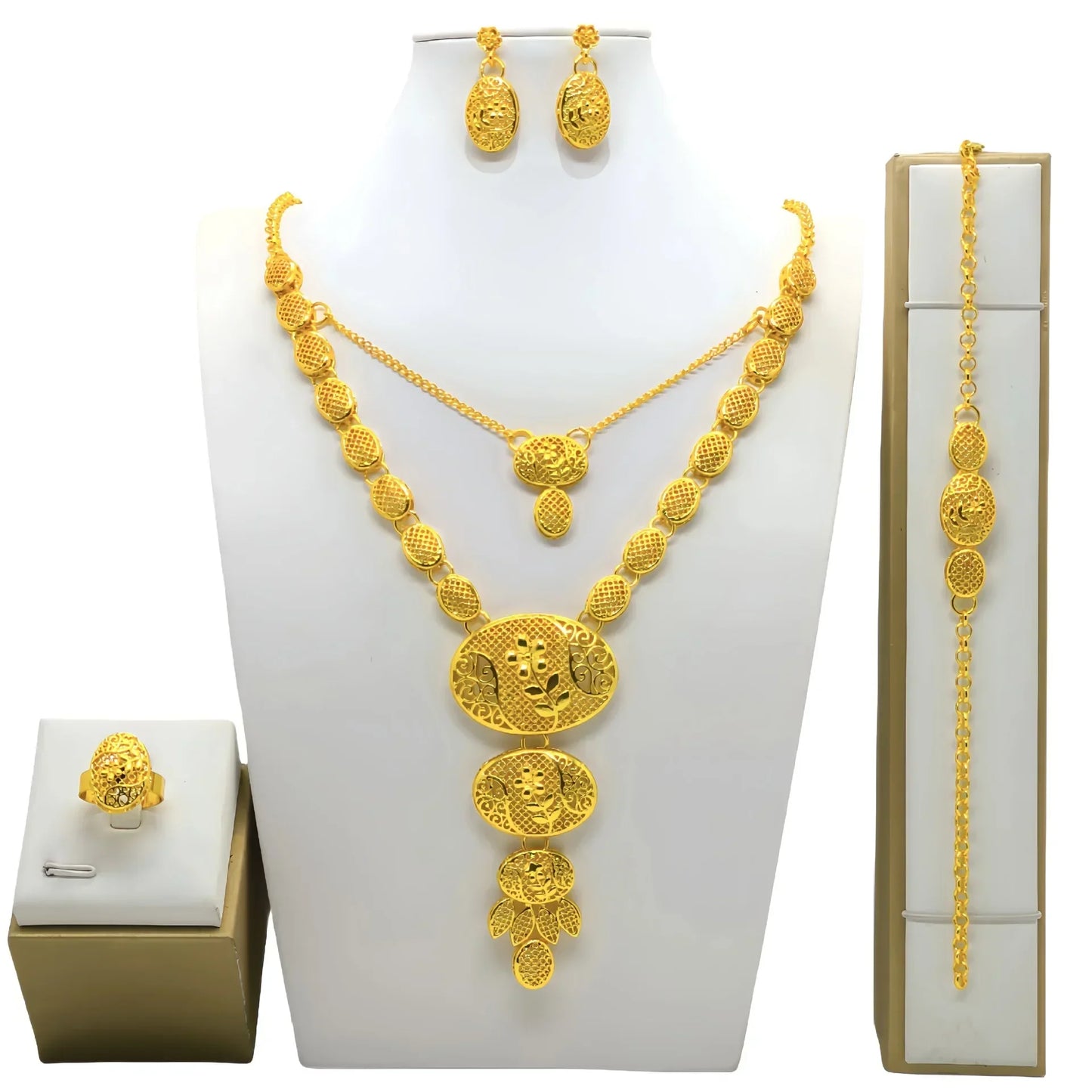 Fashion India Latest Design Jewelry Luxury African Jewelry Necklace Earrings Ring Bracelet Set Dubai Gold Color