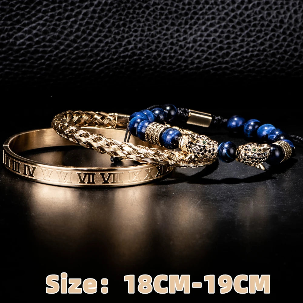 Luxury Set Gold Colour Double Leopard head Handmade Roman Numeral Bracelets Men's Jewellery