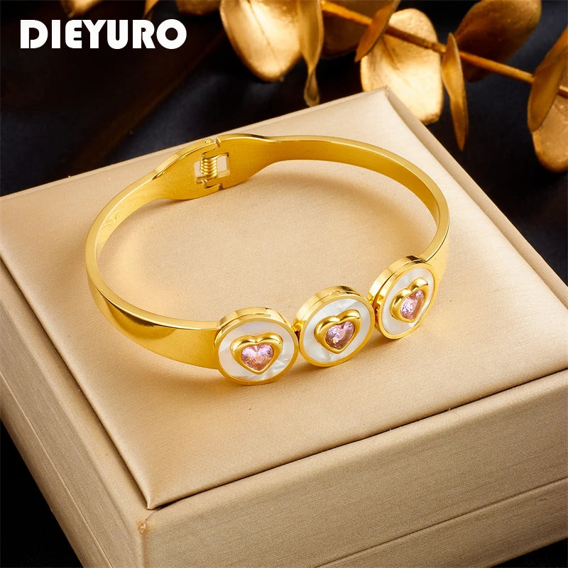 DIEYURO 316L Stainless Steel Heart Pink Zircon Bangles Bracelets For Women Girl New Trend Gold Color Jewelry Holiday Gift Bijoux - Hiron Store