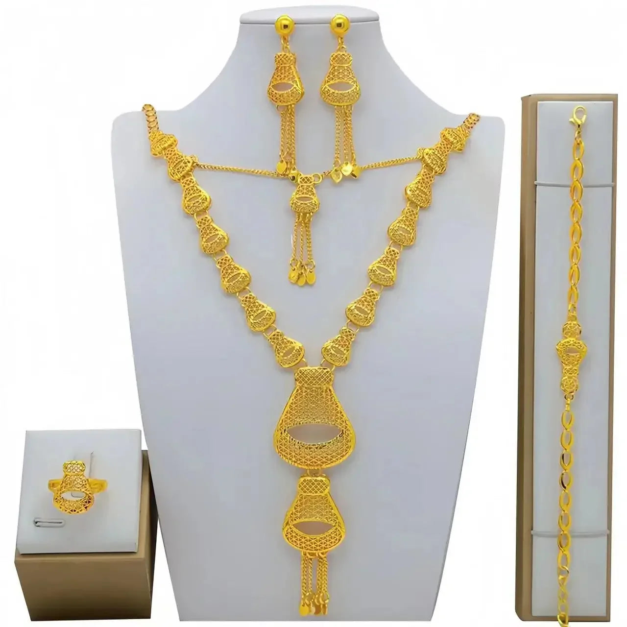 Fashion India Latest Design Jewelry Luxury African Jewelry Necklace Earrings Ring Bracelet Set Dubai Gold Color