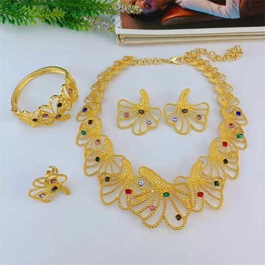 Dubai Gold Plated Jewelry Set Coloful Stone Necklace Elegant Bracelet Earrings