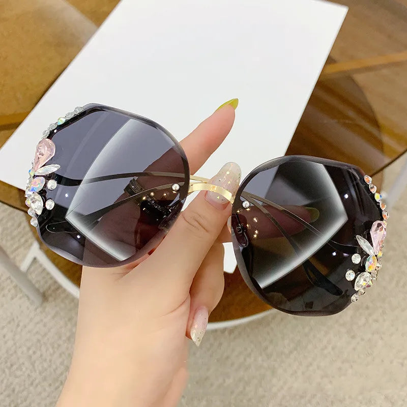 Luxury Fashion Oversized Rimless Sunglasses Women Fashion Brand Designer Big Frame Diamond Square Sun Glasses For Female - Hiron Store