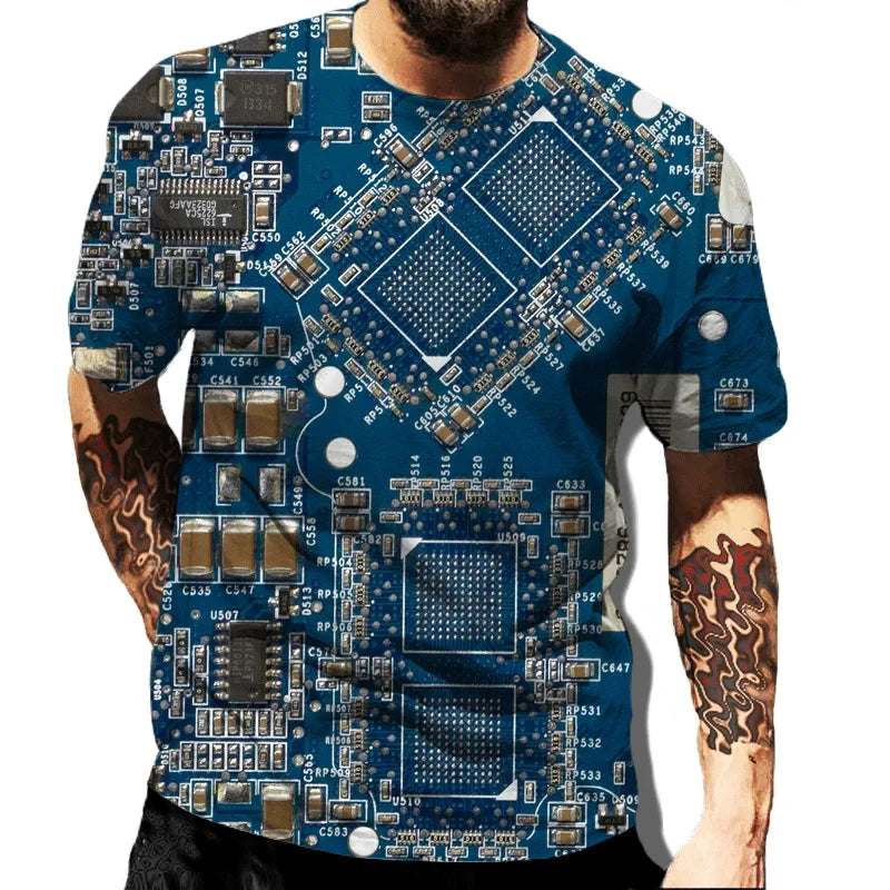 Circuit Board Electronic Chip Tee Unisex Summer Casual Short Sleeve Men Harajuku Streetwear Crew Neck Oversized Family T-shirt - Hiron Store