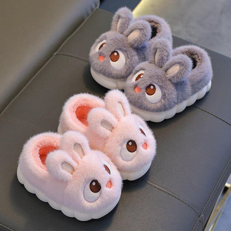 New Winter Cute Big eyed Rabbit Children's Cover Heel Warm Non-slip Fluffy Slippers