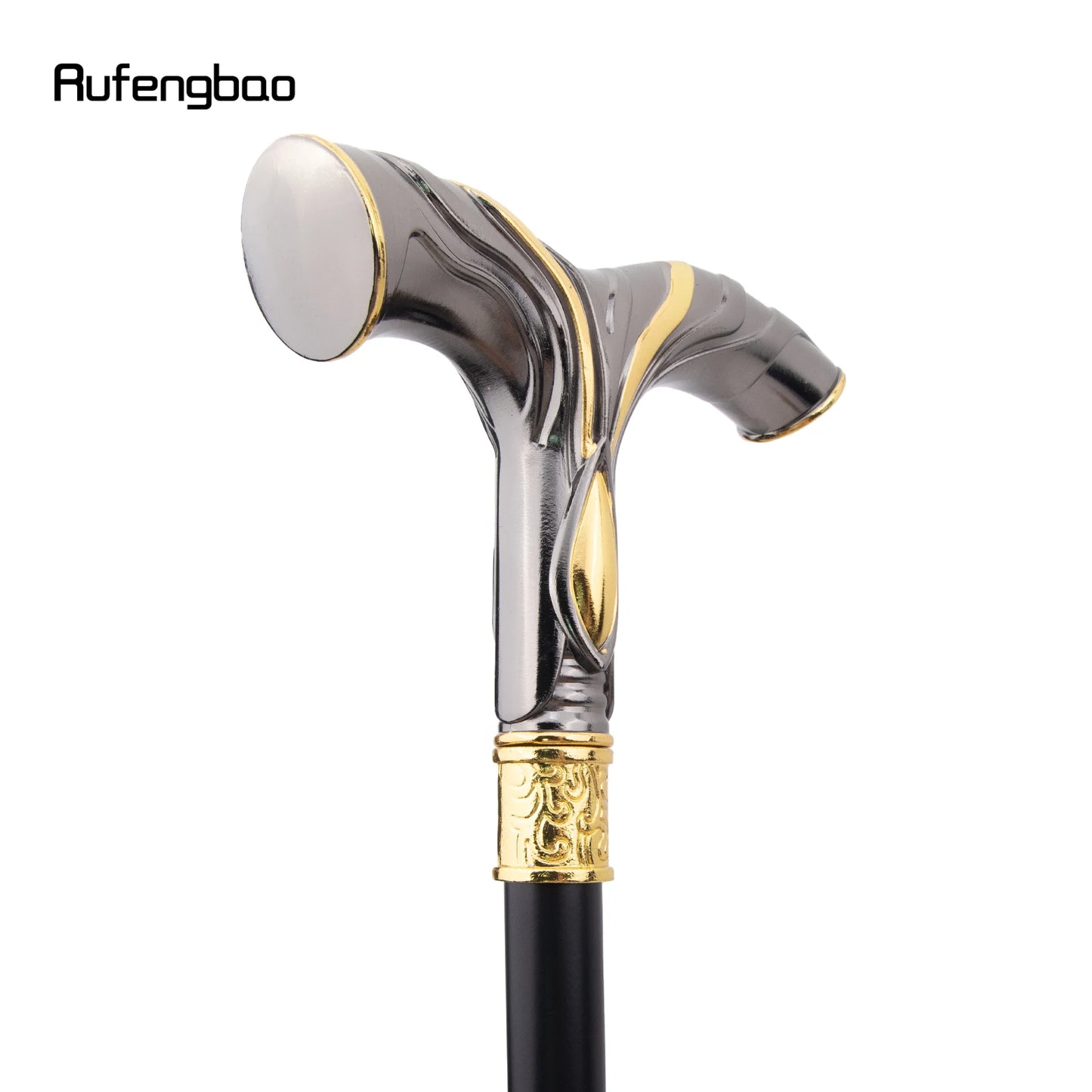 Golden Black Flowing Lines Handle Walking Stick with Hidden Plate Self Defense Fashion Stick