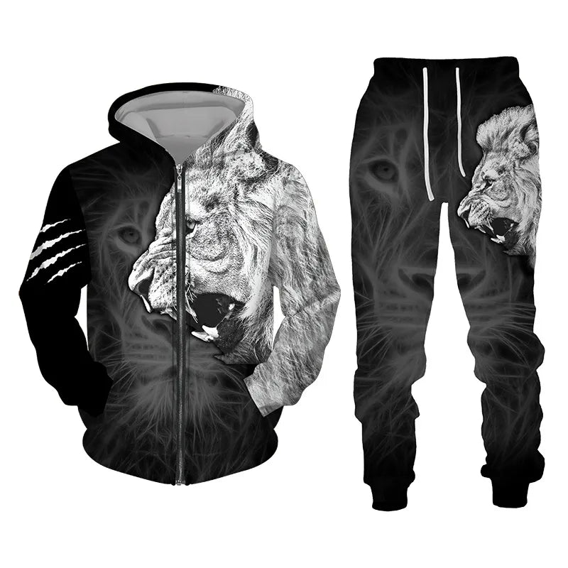 Autumn and Winter Men's Tracksuit 3D The Lion Print Zipper Hoodies Sweatshirts Pants Sets Casual Mens Clothing Women's Tracksuit - Hiron Store