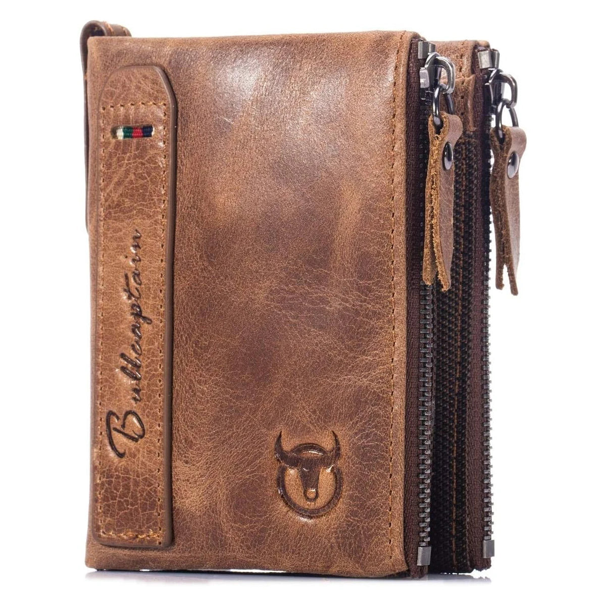 BULLCAPTAIN Genuine Leather Wallet for Men Vintage Bifold with Double Zipper Pockets