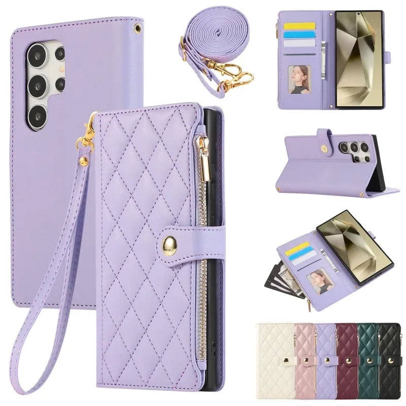 Crossbody Leather Phone Case For Samsung Galaxy S25 S24 Ultra S23 FE S22 S21 Plus A16 A06 A55 A15 A25 A35 A54 A34 Wallet Cover