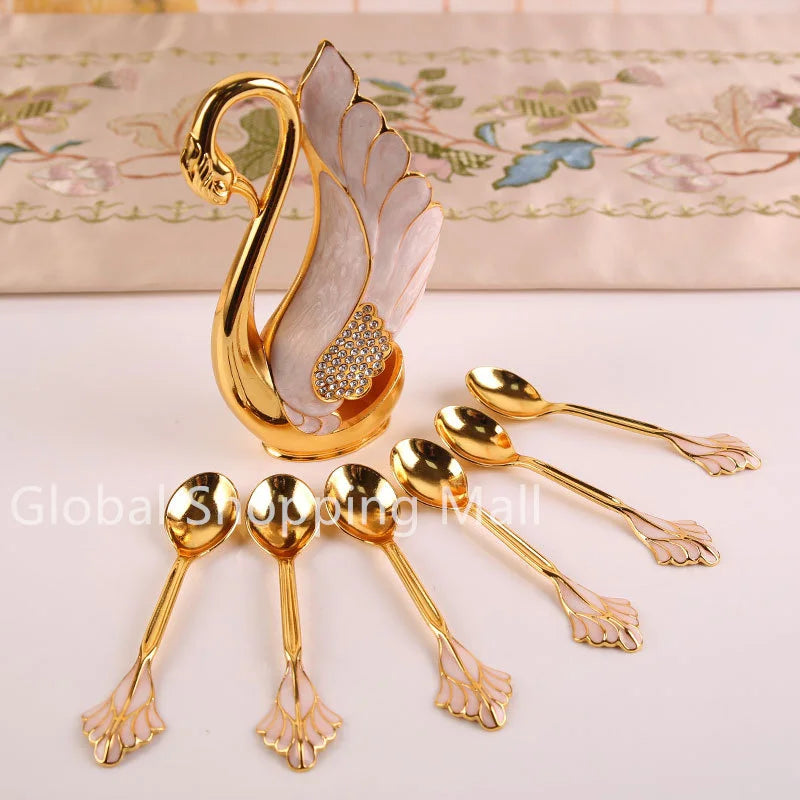Metal Swan Base Holder, Tableware Organizer with 6 Spoons or Forks, Small Delicate, for Coffee, Fruit Desser,t Ice Cream Cake