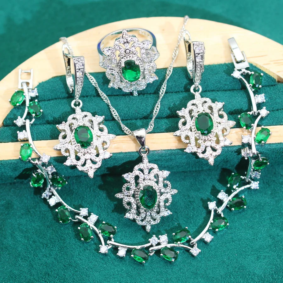 Wedding Silver 925 Jewelry Sets Women Dubai Green Zircon Bride EarringsRing Bracelet Necklace