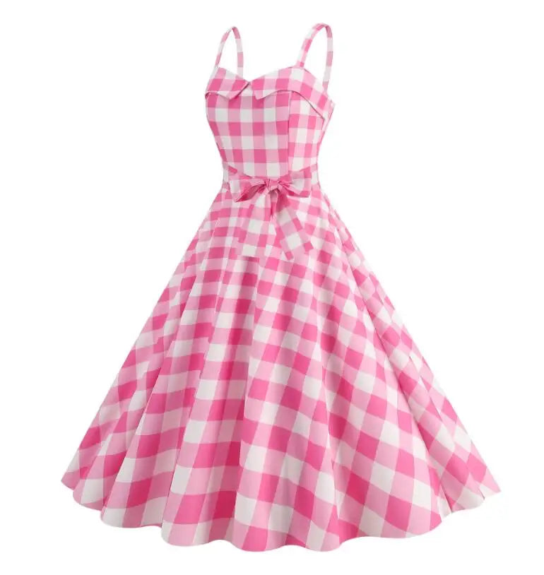 Women's Summer Dress Sexy Retro Pink Plaid Suspender Gown Christmas Party Clothes Robe Femme High-Waisted Dress - Hiron Store