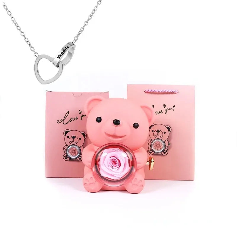 Eternal Rose Teddy Bear Gifts Box with Necklace Rotate Rose Jewelry Box