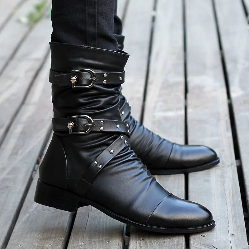 Men's Mid-calf Boots Buckle Strap Chelsea Boot for Men Leather  Boot  Mens Motorcycle Boots High Top Man Winter Shoe