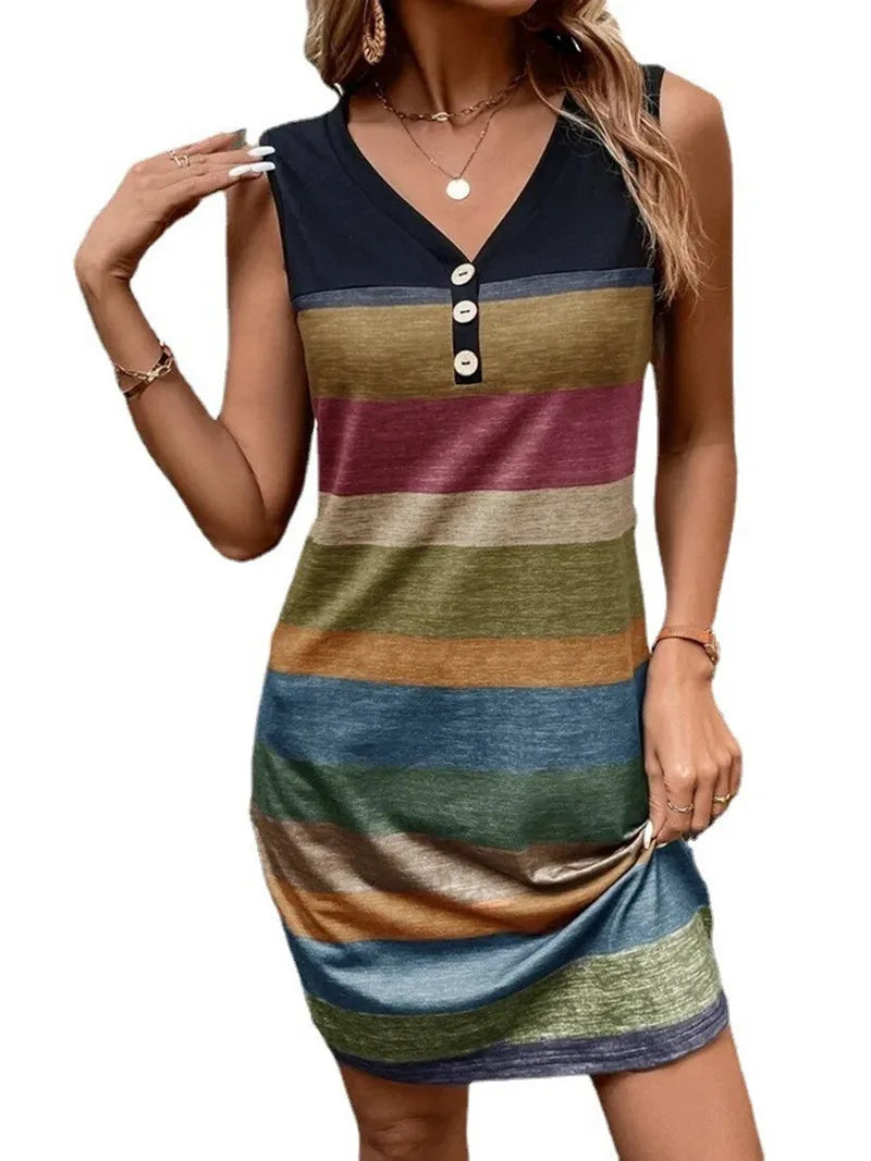 Women's Summer Sleeveless Dress Fashion Casual Striped Printed Mini Dresses Female V-Neck Button Party Dress 2024 Plus Size New - Hiron Store