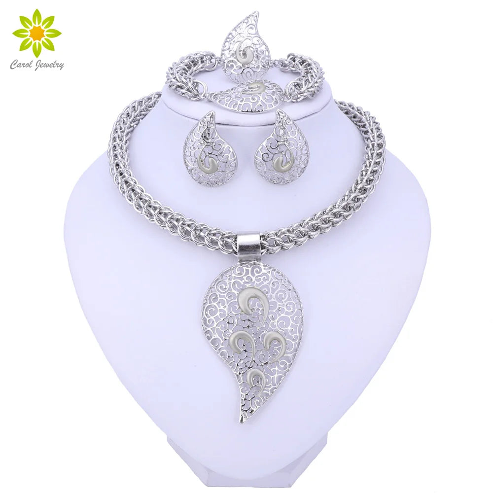 Bridal African Beads Jewelry Sets For Women Silver Color Crystal Necklace Earrings Bracelet Ring set