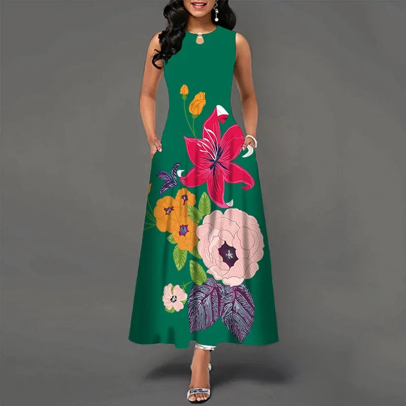 Flower Print New Casual Sleeveless Long Dress Women's V-Neck Printed Dress Swing Bohemian Retro Dresses - Hiron Store