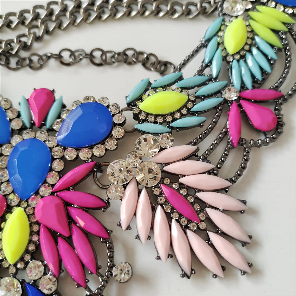 Colorful Acrylic Leaf Indian Statement Crystal Rhinestone Large Collar Choker Necklace Earrings Jewelry Sets 2024