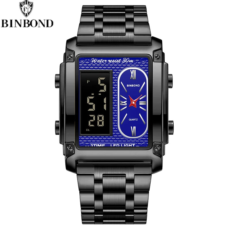 BINBOND Brand Luxury Watches for Men Fashion Quartz Wristwatch Square Gold Stainless Steel Watche