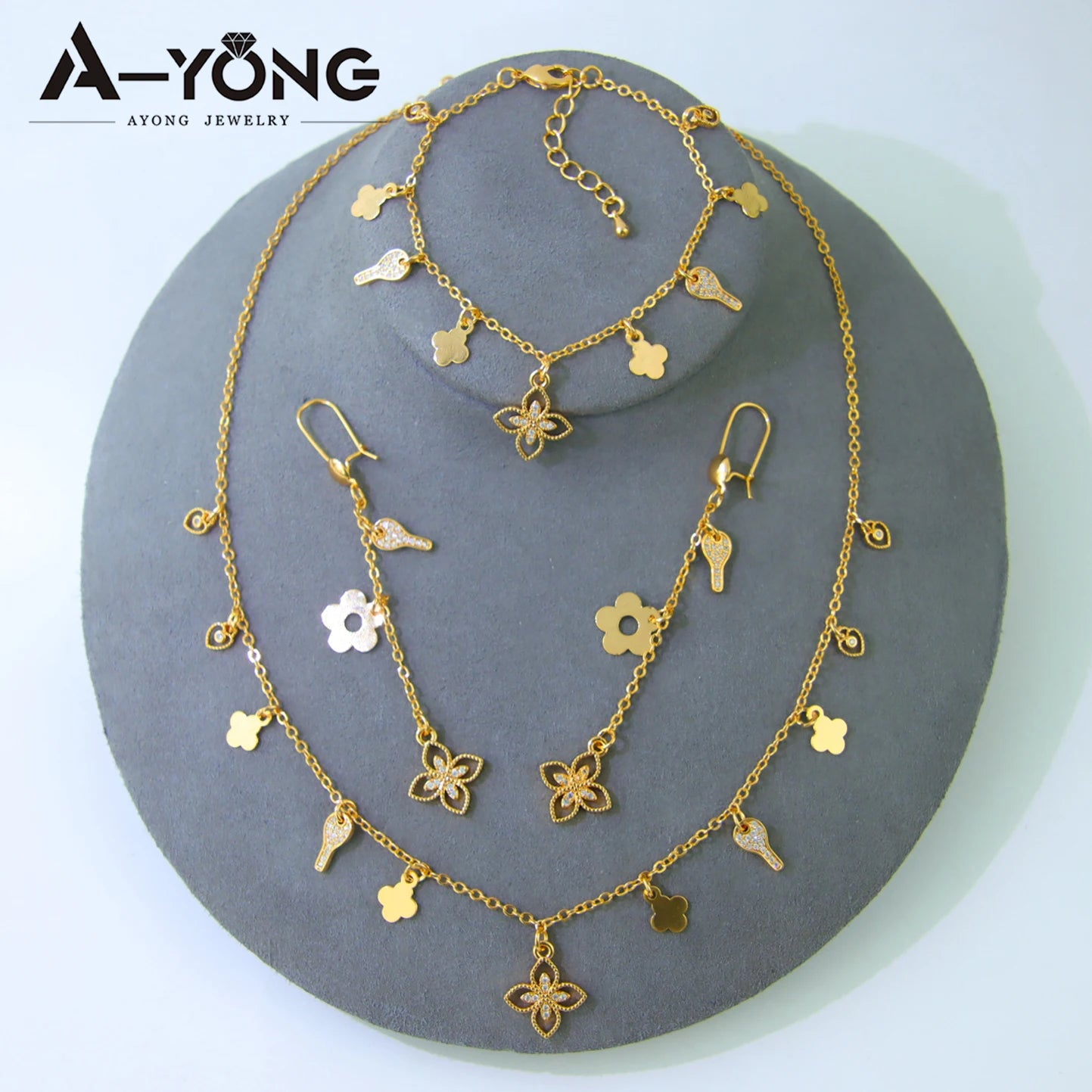 Italian Elegant Gold Color Bead Flower Necklace Set 21k Gold Plated Dubai French Women Bridal Cocktail Party Jewelry