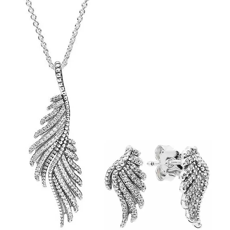 Sterling Silver Majestic Feathers Earring Necklace With Crystal For Women Jewelry Set