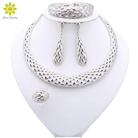 Women Gift African Bridal Wedding Gifts Jewelry Sets Silver Color Jewelry Set Dubai Necklace Bracelet Earrings Ring Set - Hiron Store