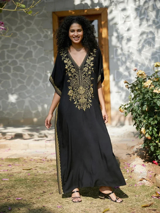 2024 Black Sexy V Neck Batwing Sleeve Gold Embroidered Long Dress For Women Summer Relaxed Vacation Party Maxi Dresses Q1642 - Hiron Store