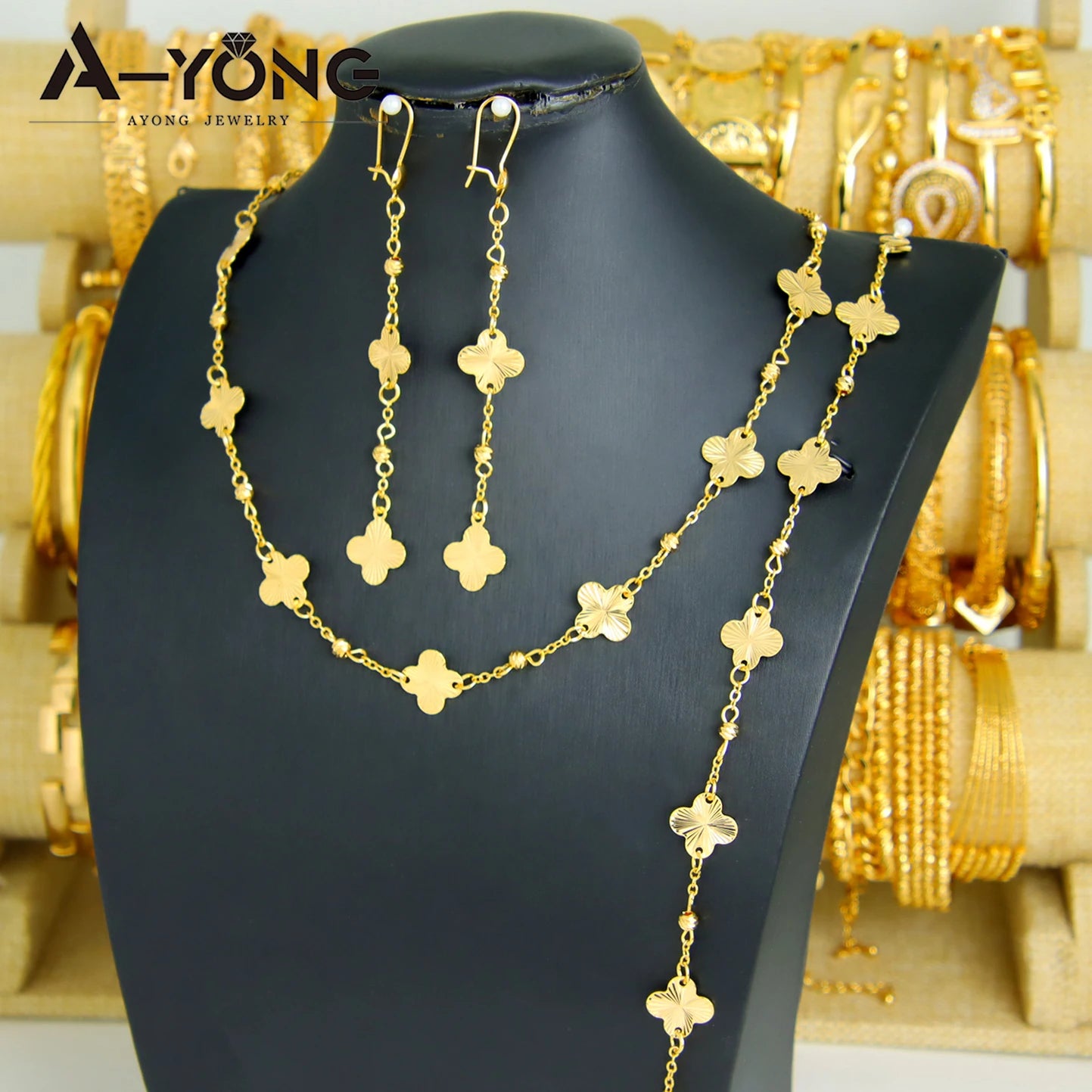 Italian Elegant Gold Color Bead Flower Necklace Set 21k Gold Plated Dubai French Women Bridal Cocktail Party Jewelry