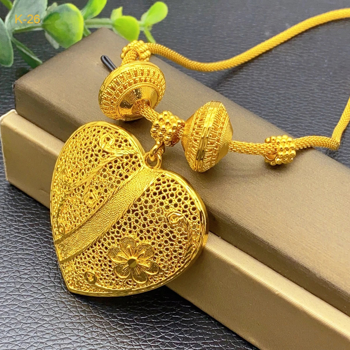 Ethiopian 24k Gold Color Heart Pendant Necklace Sets for Women Indian Anniversary Africa Bridal Necklace Earrings Ring Set Gifts - Hiron Store