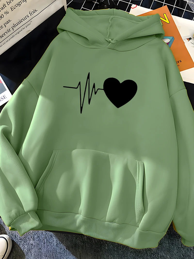 Heart Print Women Sweatshirt Soft Female Hoodies Winter Warm Tops